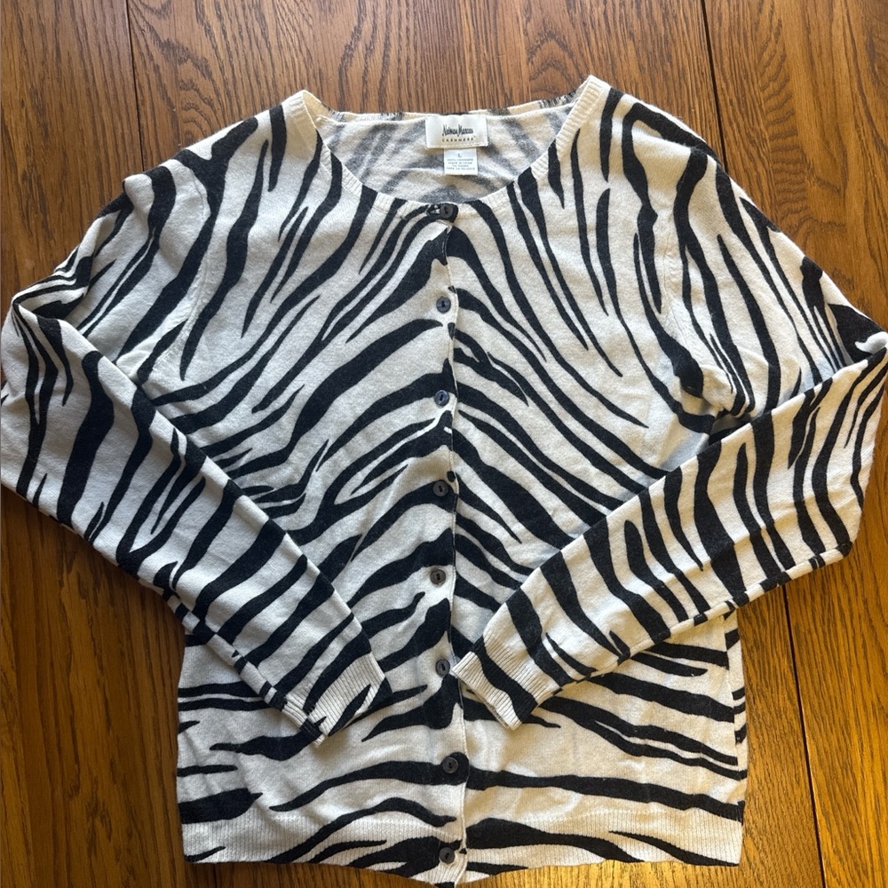 Cashmere Neiman Marcus Print Zebra Button Cardigan Sweater Women's